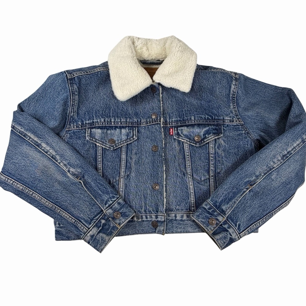 Levi's Jean Jacket Trucker Sz Med Blue Premium Cropped Sherpa Lined Denim Big E